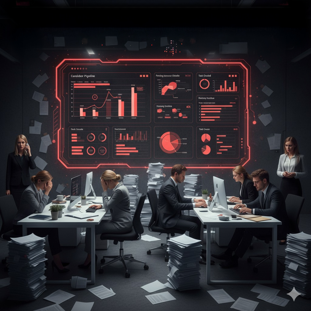 An overwhelmed HR professional at a messy desk