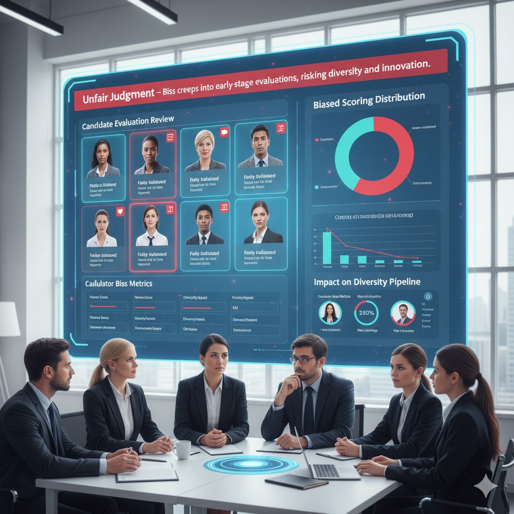 A magnifying glass focusing on one person in a crowd, representing bias